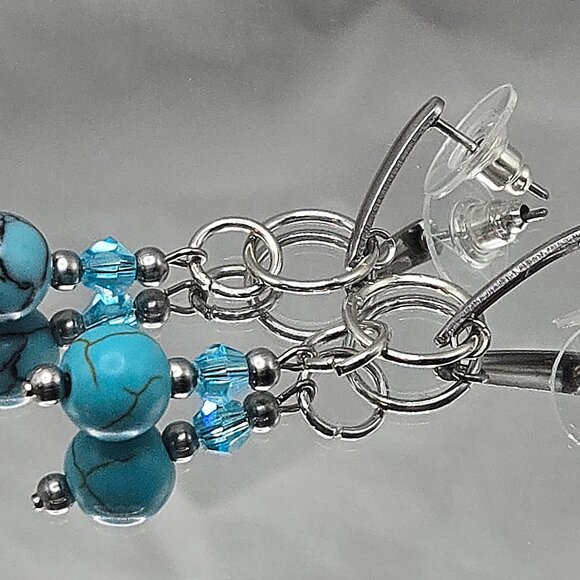 Stainless Steel Turquoise Jasper and Crystal Stud Earings - Picture 3 of 3